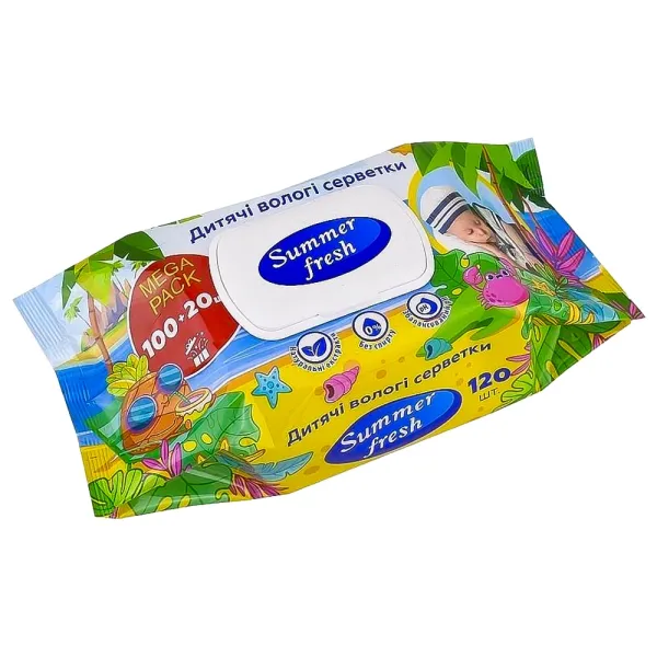 Серветки вологі без аромату Summer Fresh класичні з клапаном 120 шт